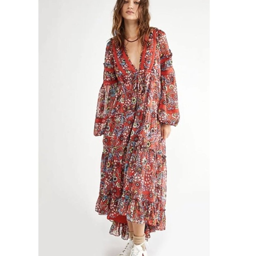 Free People Cassis Printed Chiffon Dress Fairy Bohemian Whimsical Romantic